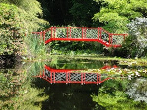 Garden with red Japanese style bridge